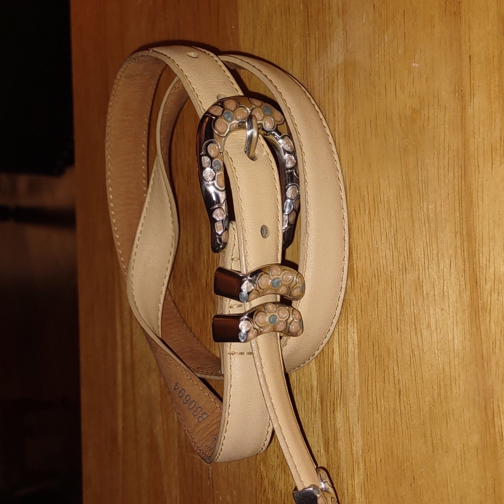 Brighton Tan Leather Belt With Enamel Floral Buckle M/L